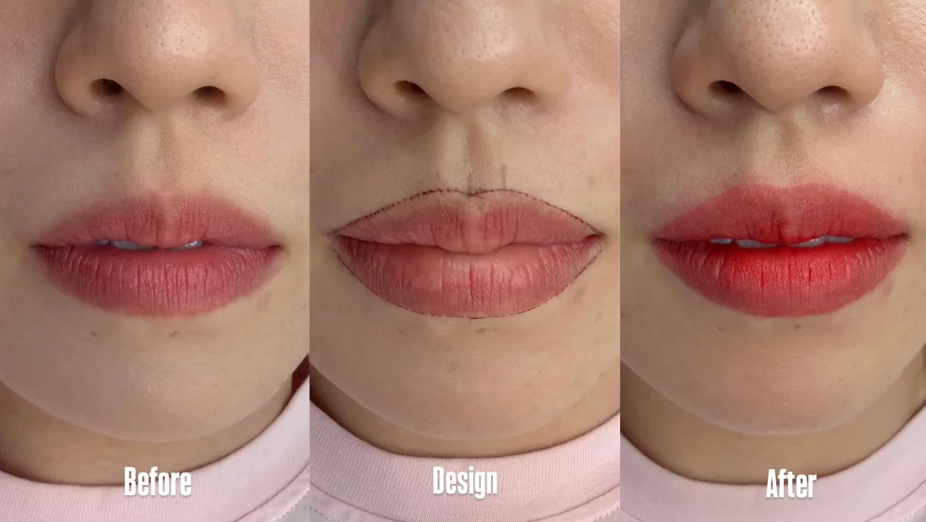 입술반영구 전후 비교 — Before · Design · After 3단계