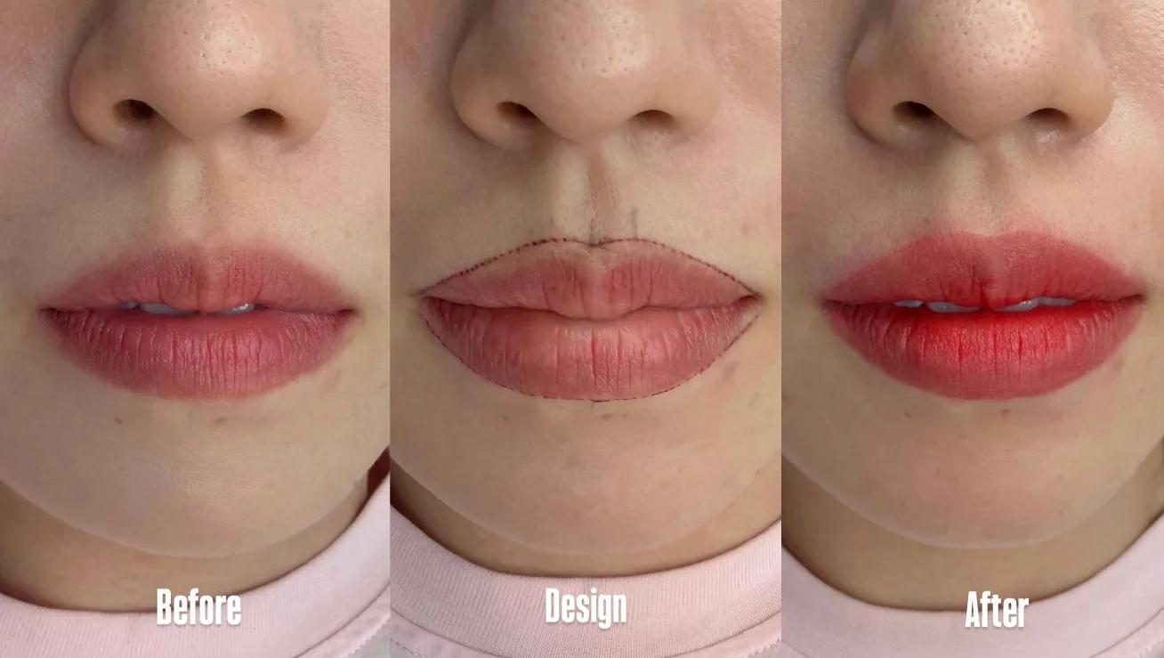 입술반영구 전후 비교 — Before · Design · After 3단계