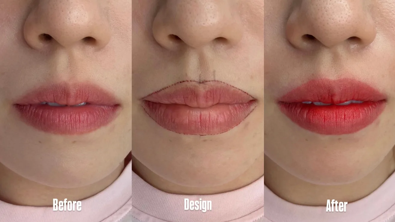 입술반영구 전후 비교 — Before · Design · After 3단계
